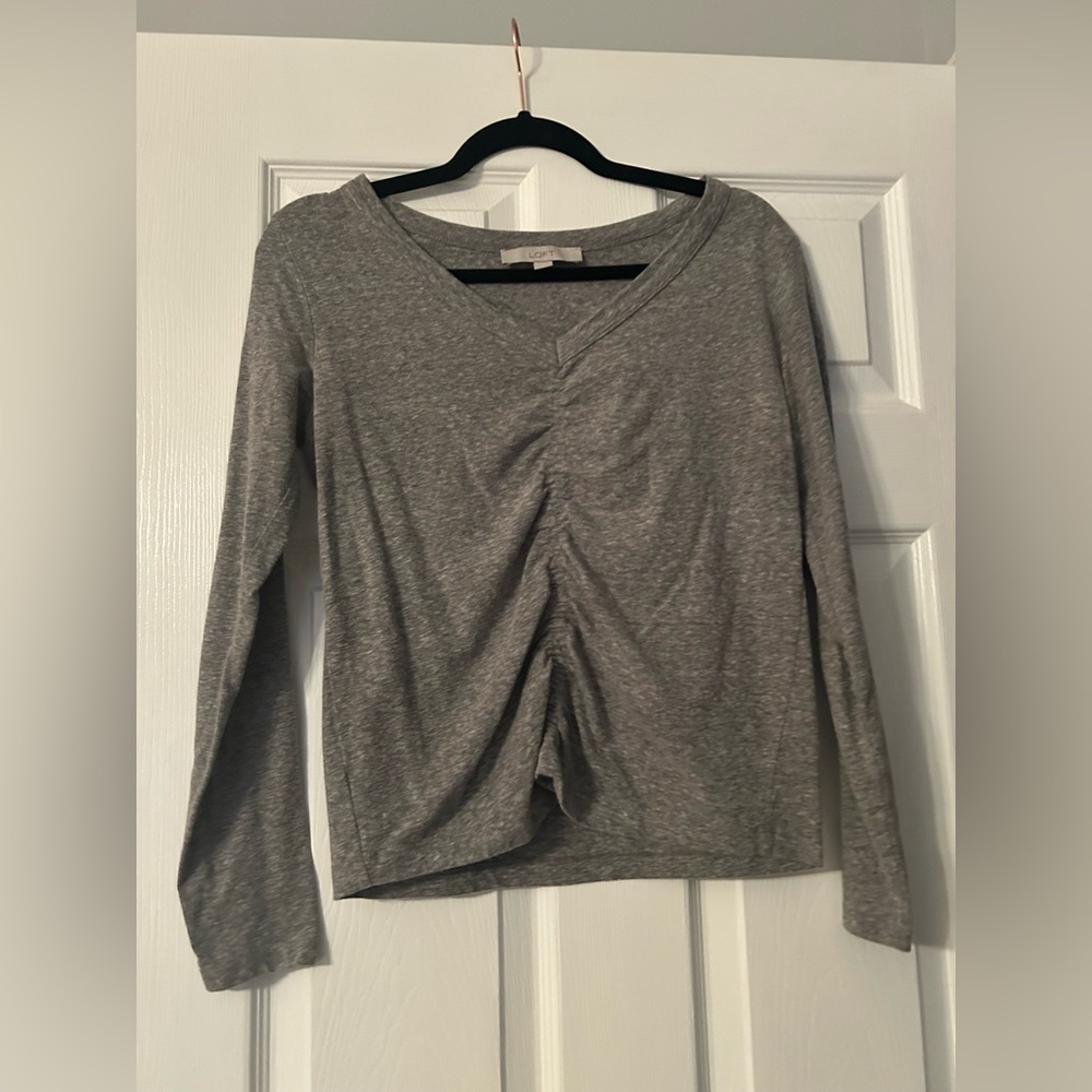 Loft Gray Long Sleeve V-Neck Cotton Tee